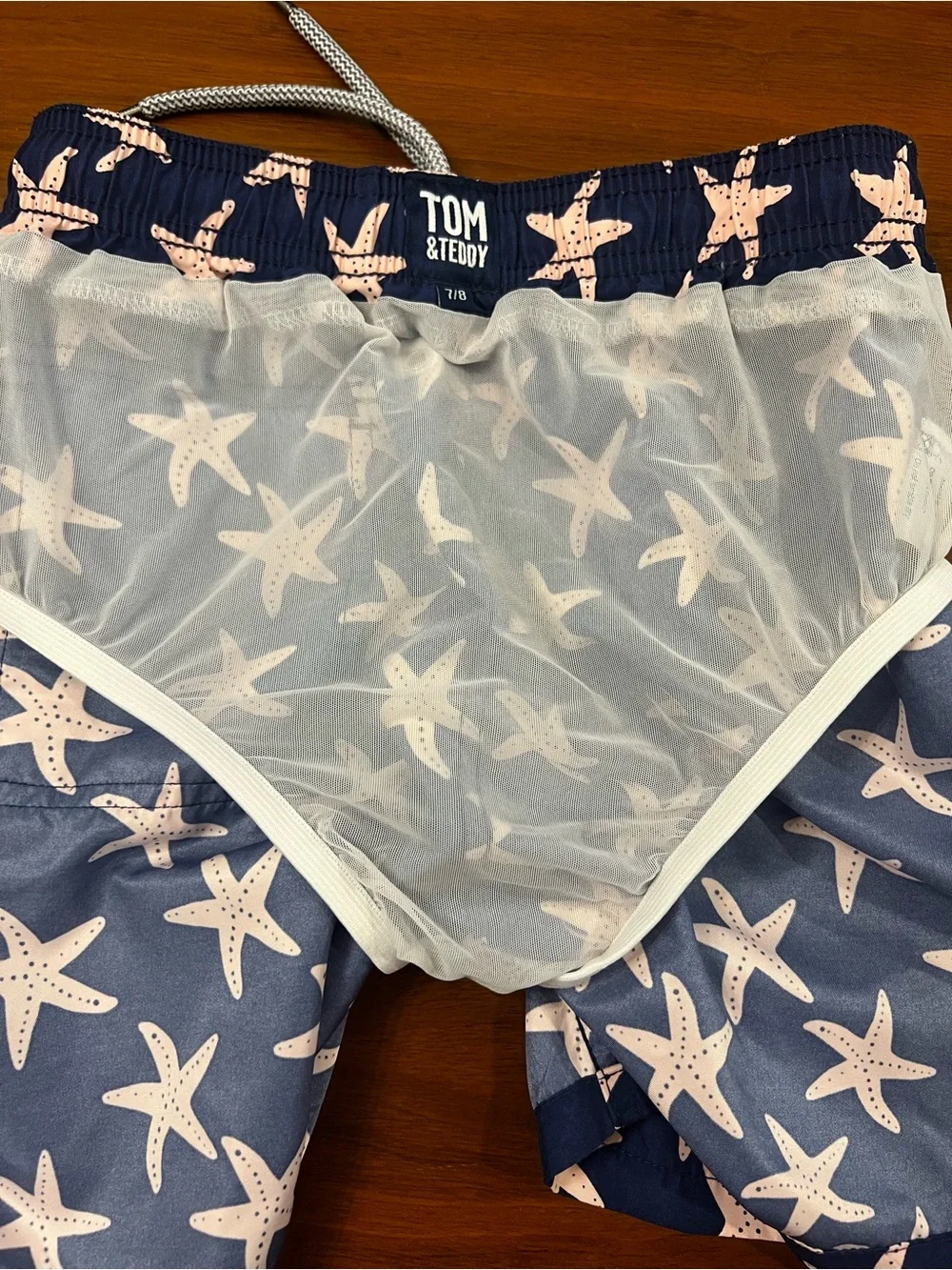 Tom & Teddy Boys Swim Trunks Size 7/8 Navy Blue Light Pink Starfish Mesh Lining